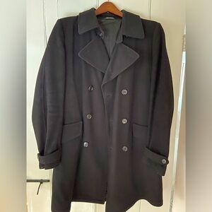 Men’s double breasted Hugo Boss black wool coat.